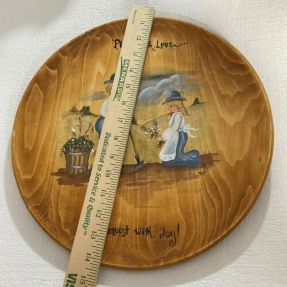 VTG 89's Folk Art Hand Painted Wooden Plate Plant with Love Harvest with Joy 14